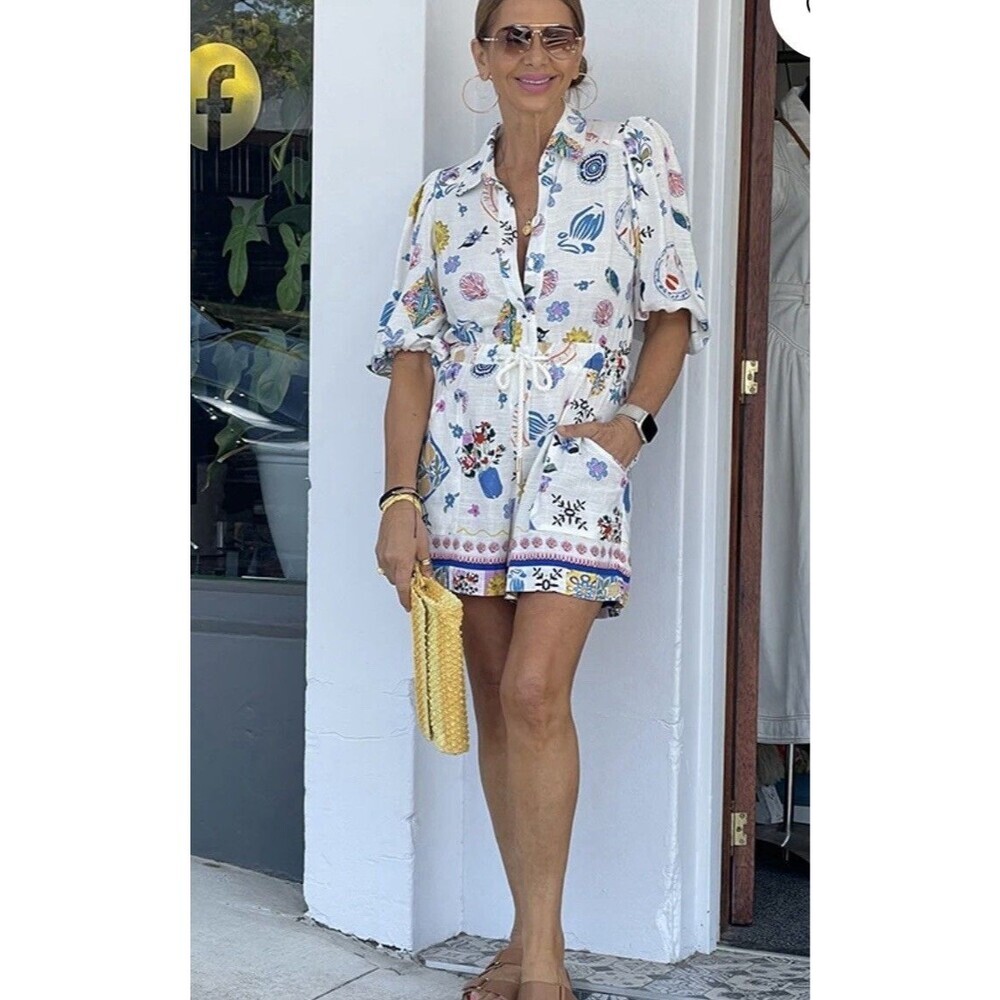 LABEL OF LOVE Women's Size L White Euro Summer Portofino Linen Playsuit Romper